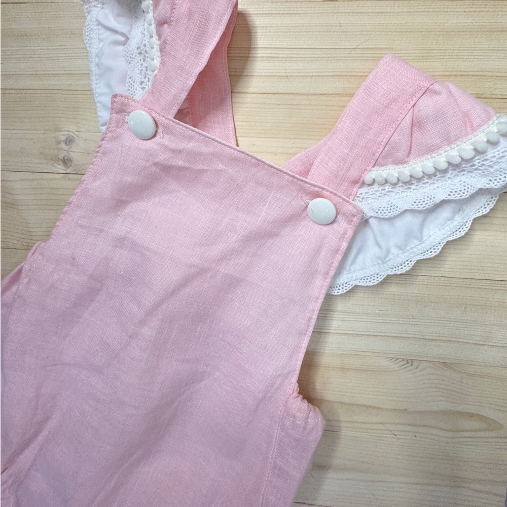 Little Badger Pink Ruffle Bubble Romper 12M Linen Blend Lace Baby Boutique - Picture 4 of 6